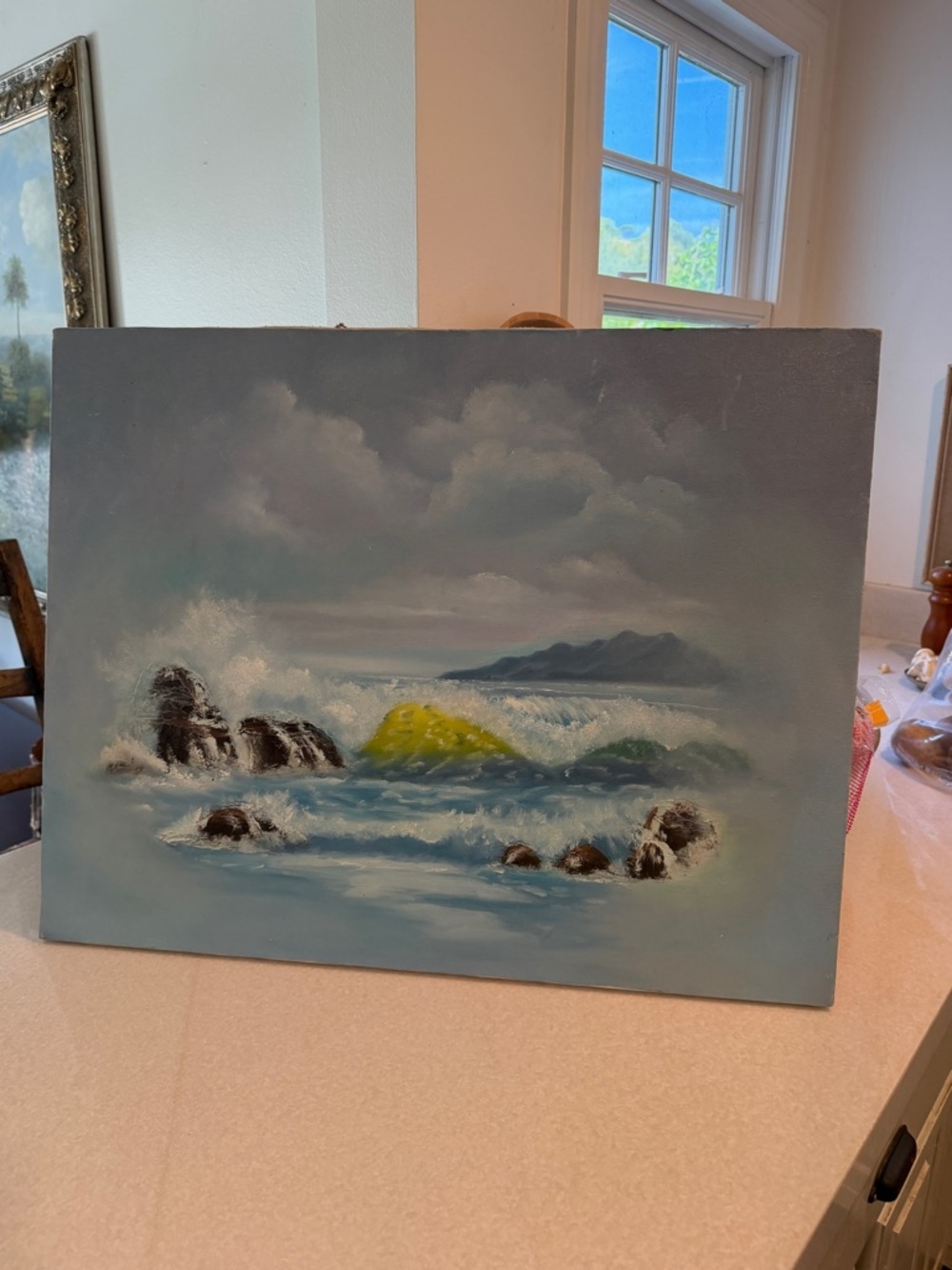 Vintage Coastal Wave Painting in Blue, Green, Yellow